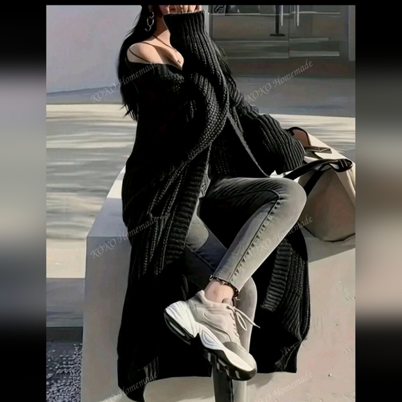 Solid Open Front Loose Knit Cardigan, Casual Long Sleeve Long Length Sweater Wit - Picture 2 of 5